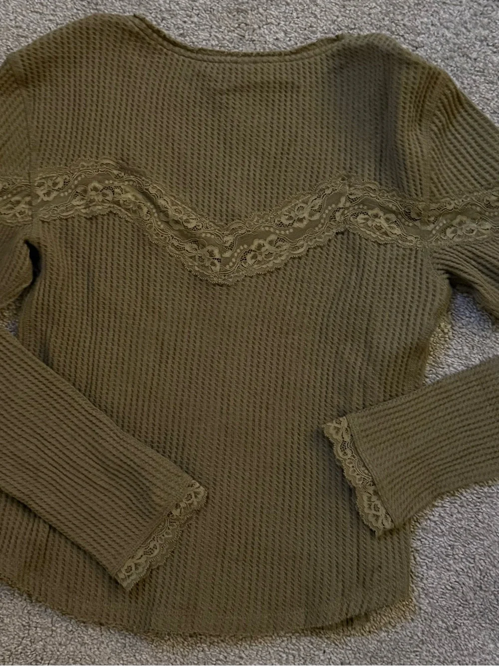 Free People Olive Waffle-Knit Lace Trim Top NWT